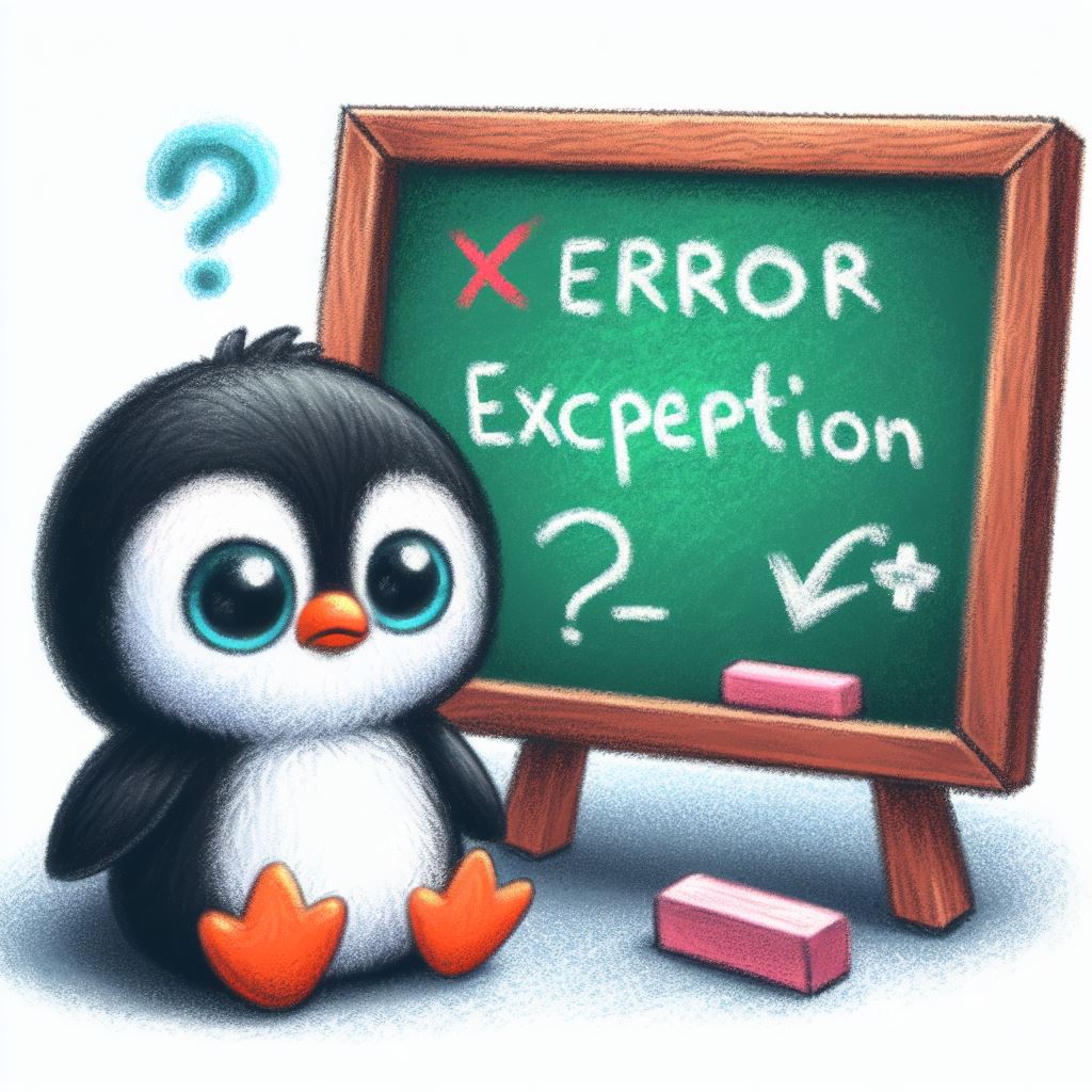 エラーと例外について学ぼうとしている困惑したペンギン。Bing Copilot を通じて Dalle3 を使用して AI で生成された画像